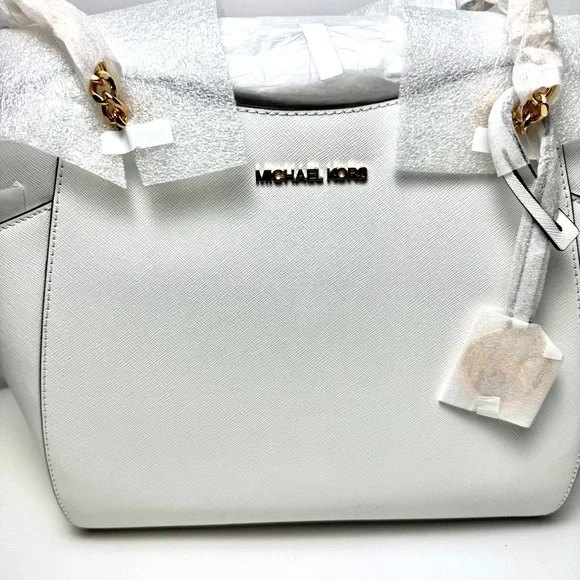 NWT Michael Kors Shoulder Bag Jet Set Large Saffiano Leather Optic White w Gold - Picture 5 of 9